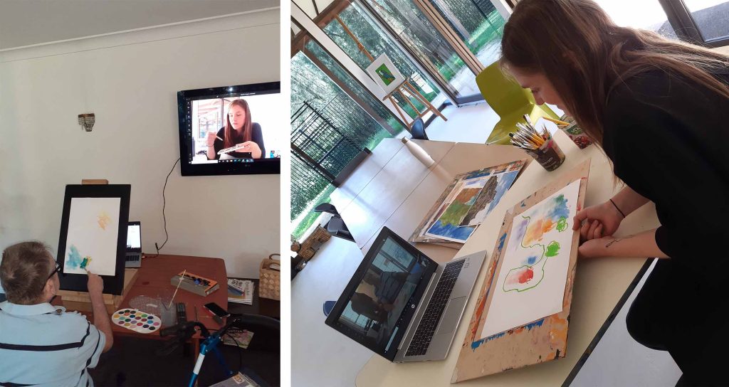 Blue Apple Art Facilitator Beth Smith in the art studio in Terrey Hills & Damien during his class at home